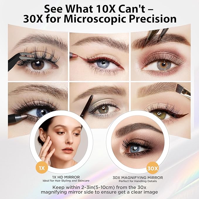 Makeup Mirror, 1X/30X Double Sided Magnifying Mirror/Switch with 3 Colors, 3200 mAh Rechargeable Vanity Mirror with 360° Rotation, Brightness Adjustable Magnification, Women Gift