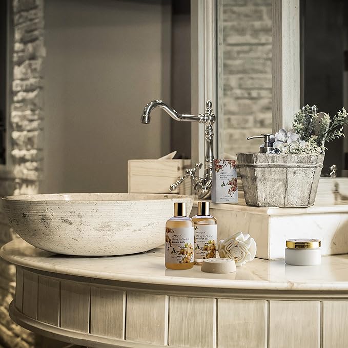 Womens Gifts, Gift Baskets for Women Who Have Everything, Home Spa Honey & Almond Scent, Luxury Bath & Body Set - Shower Gel, Bubble Bath, Body Lotion, Salts, Bath Bomb, Bath Puff & Handmade Basket