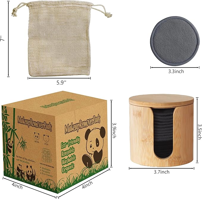 Reusable Bamboo Makeup Remover Pads | 20Pcs Natural Bamboo Reusable Cotton Rounds Makeup Removal Pad| Soft Makeup Remover Set with Bamboo Holder Laundry Bag Headband, Black and Gray