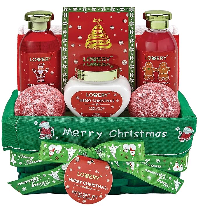 Bath and Body Christmas Gift Basket ForWomen–Strawberry & Sandalwood Fragrance-Holiday Home SpaSet, Includes Merry Christmas Body Lotion, 2 OversizedBath Bombs, Bath Salt, Weaved Basket & More