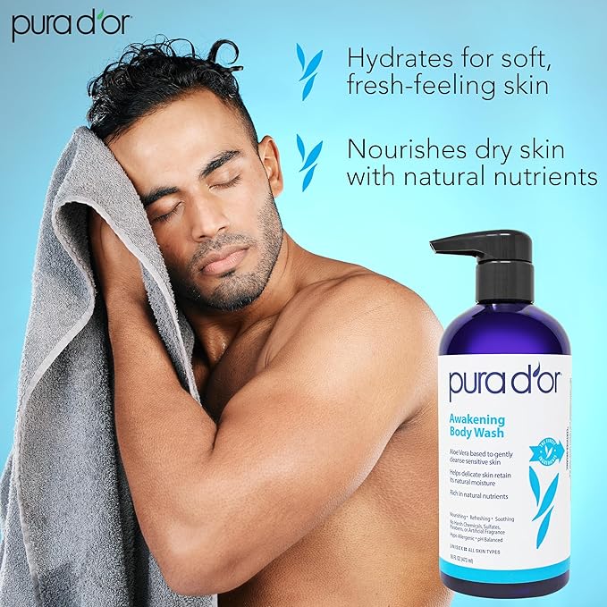 PURA D'OR Awakening Body Wash (16oz x2 = 32oz) Aloe Vera, Chamomile, Lavender, Tea Tree for Invigorating Earthy Scent, pH Balanced for Moisturized Soft, Fresh-Feeling Skin, All Skin Types, Men & Women