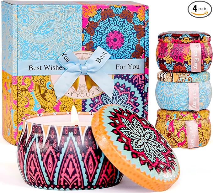 Scented Candles Gifts Set, 4 Pack Aromatherapy Candles for Home Scented, Stress Relief Gifts for Women, 120 H Lasting Burn Natural Soy Wax Candle for Birthday Valentine Mother's Christmas Day