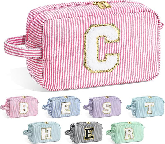YOOLIFE Makeup Bag for Women - Monogram Cute Initial Pink Makeup Bags Cosmetic Toiletry Pouch Make Up Case for Her Best Friend Friendship Sister Teacher, Personalized Birthday Gifts for Women C