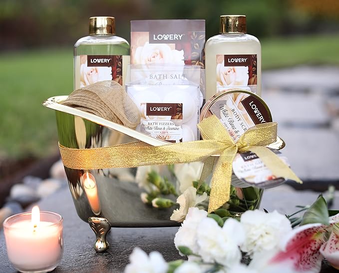 Gifts for Women Home Spa Gift Basket, Luxury 13pc Bath & Body Set Men & Women, White Rose & Jasmine Scent - Shower Gel, Bubble Bath, Body Scrub, Salts, 6 Bath Bombs, Pouf, Cosmetic Bag & Gold Tub