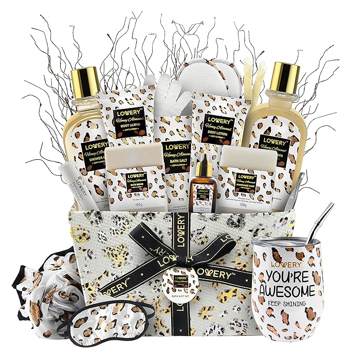Luxury At-Home Spa Kit with Honey Almond Scent - Bath Gift Basket with Vit E-Rich Bath Essentials, Tumbler, Ear Candles, Bath Oil, Salts, Shower Steamer, Organic Lip Balm & More in Leopard Basket, 21
