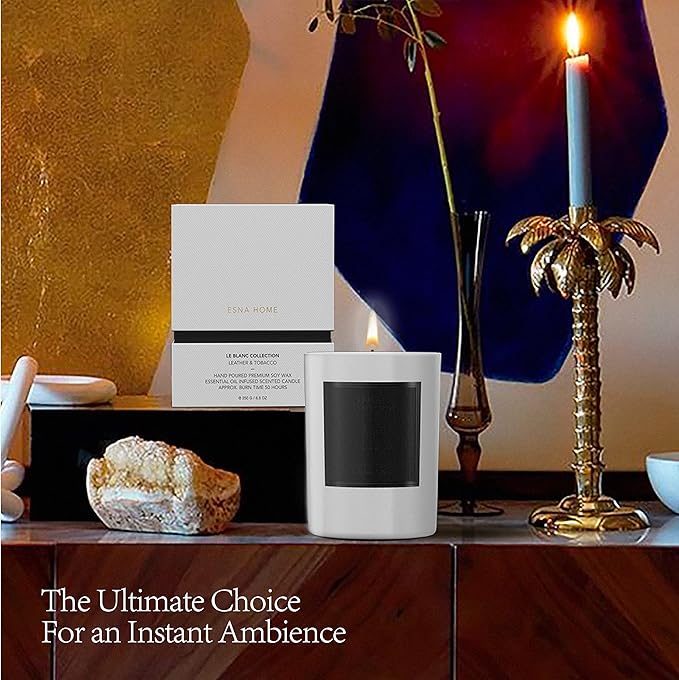 Scented Aromatherapy Candle Lavender Essential Oil All Natural Soy Wax Leather & Tobac Highly Scented Candles for Home Christmas Gifts for Men Anniversary for Him Office Decor Gift Ideas 8.8oz 50hrs