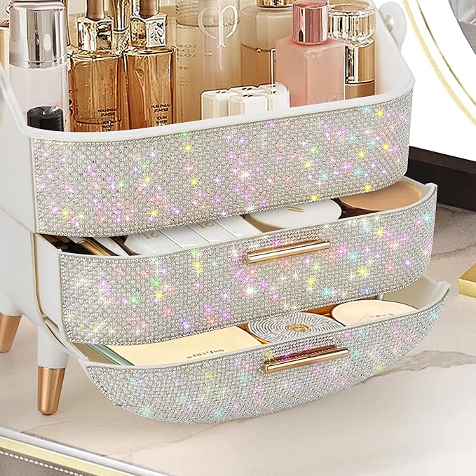 Bling Makeup Organizer for Teen Girl Gift,Hollywood Vanity Makeup Storage Box for Girl Birthday Gift,Practical Gift for Daughter,Bathroom Organizer,Skincare Organizer (Rhinestone White)