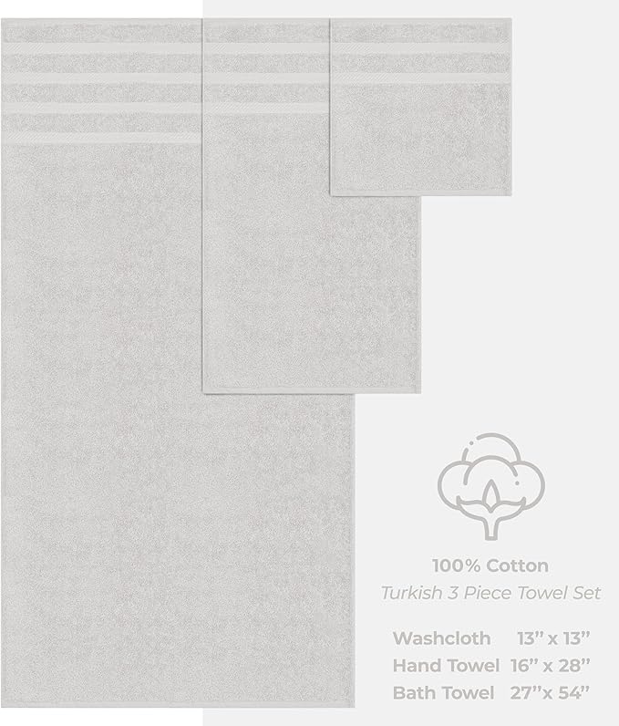 American Soft Linen Premium 3 Piece Towel Set, 1 Bath Towel 1 Hand Towel 1 Washcloth, 600 GSM 100% Cotton Turkish Towels for Bathroom, Silver Grey Towel Set