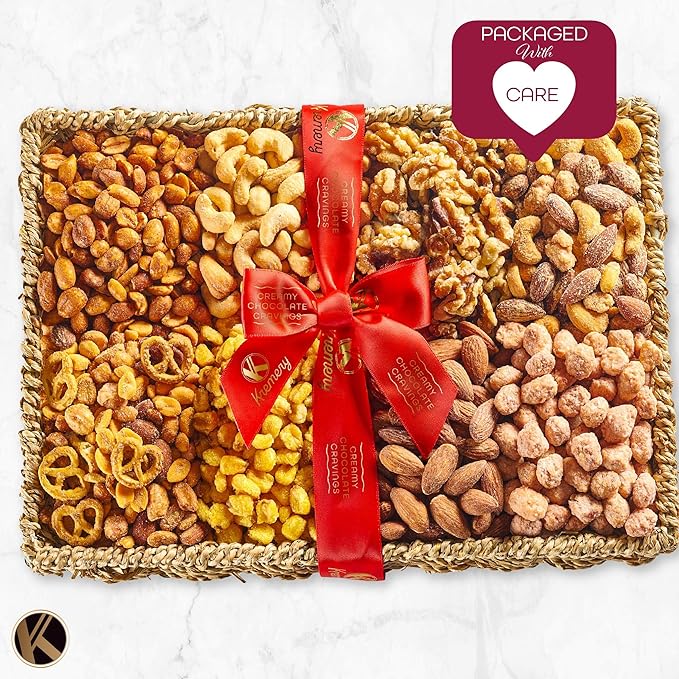 KREMERY Gourmet Nut Gift Basket - Mixed Nuts Gift Basket in Seagrass Tray with Ribbon (8 Assortments) Healthy Snack Care Package, Food Assortments