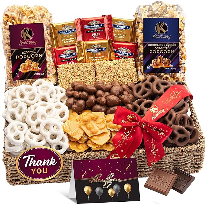 KREMERY Creamy Chocolate Cravings - Thank You Appreciation, Chocolate Covered Pretzels & Caramel Popcorn Gift Basket, in Seagrass Tray + Ribbon & Greeting Card (Deluxe, 3.5 lbs) Food Assortments USA Made