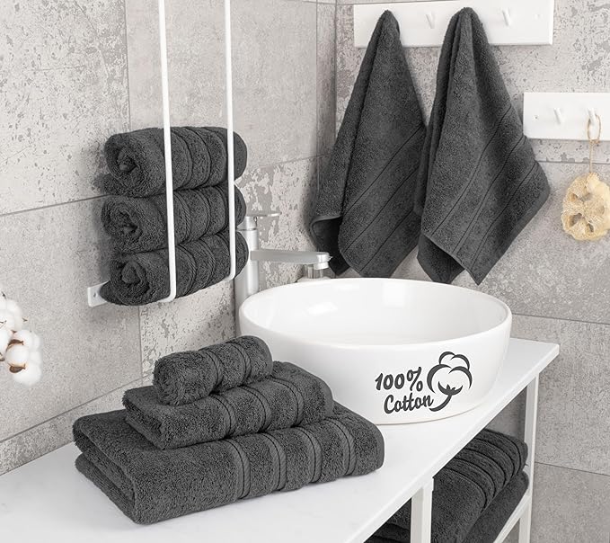 American Soft Linen Luxury 6 Piece Towel Set, 2 Bath Towels 2 Hand Towel 2 Washcloths, 600 GSM 100% Cotton Turkish Towels for Bathroom, Dark Gray Towel Sets