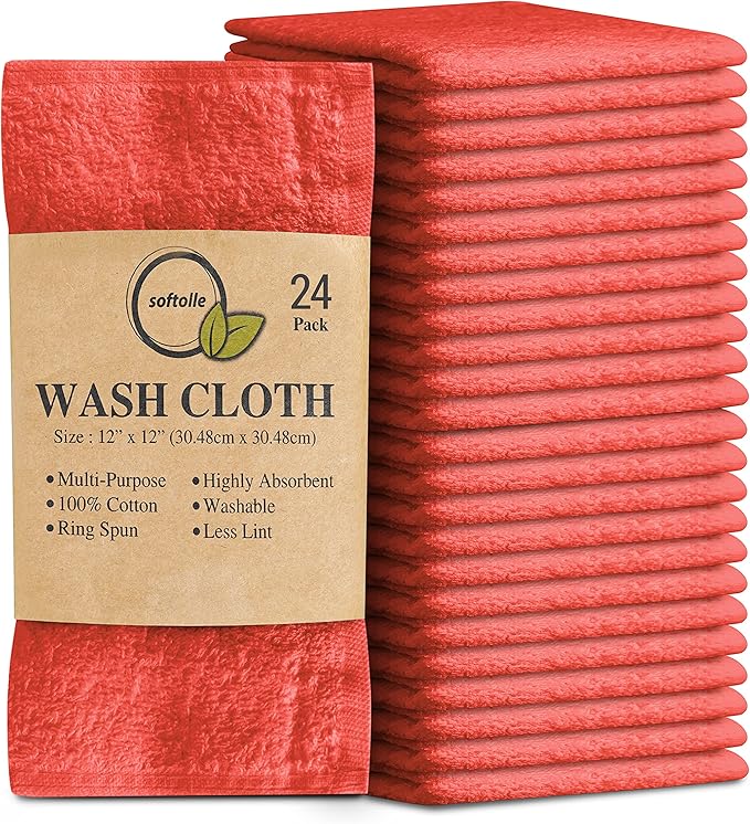 Softolle 100% Cotton Washcloths 24 Pack (12x12 Inches) Soft, Highly Absorbent Washcloth, Face Towels, Wash Cloths for Face, Ring Spun, Bulk Pack (Coral)