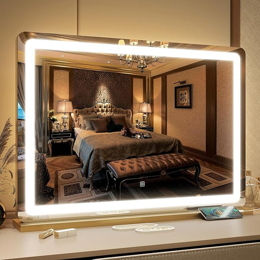 FENNIO Vanity Mirror with Lights 32"x22", Lighted Makeup Mirror, Large Vanity Mirror with Lights, Touch Sensor with 3 Color Lighting,USB Charging Port for Vanity Desk Tabletop（Gold）
