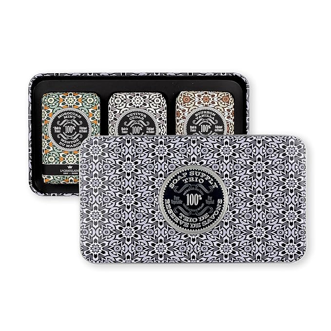 La Chatelaine Luxury Bar Soap Trio Gift Set Tin | Made in France | Natural and Organic | Shea Butter Formula | 3 x 8.8 oz / 250g - Gray Mosaic Soap Trio (Moroccan Mint, Vetiver Cedar, Bourbon Vanilla)
