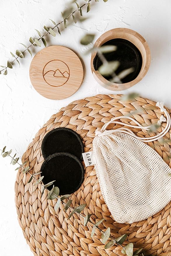 EIRA's Washable Makeup Remover Pads - Black Bamboo Reusable Cotton Rounds with Wooden Holder. Makeup Remover Cloths - Eco-Friendly - Zero Waste Reusable Makeup Remover Pads Set