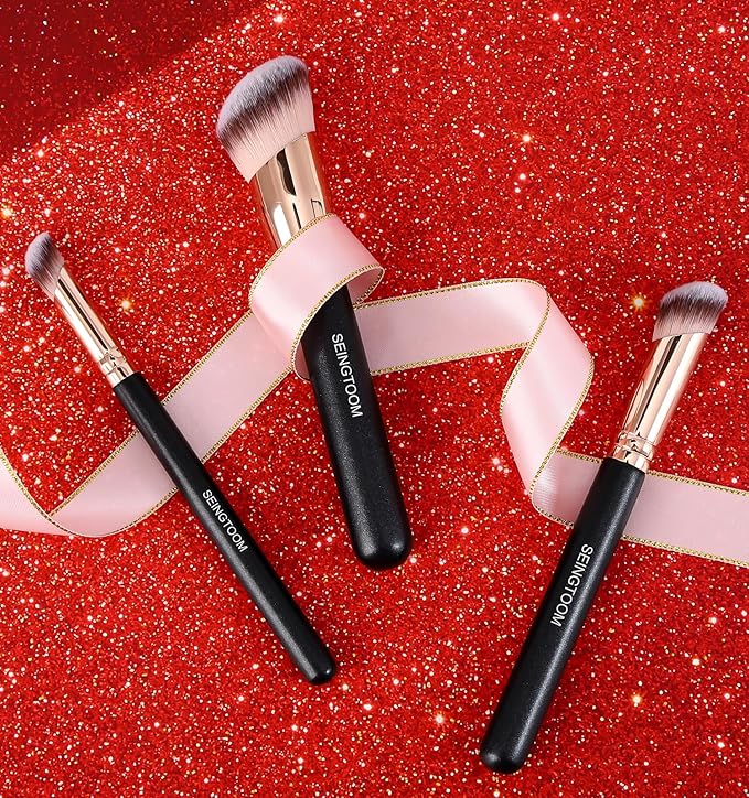 Angled Foundation Brush Contour Conceal Brush Set, 3Pcs Angled Synthetic Kabuki Makeup Brush for Face Blush Bronzer Travel Buffing Stippling Contour Powder Liquid Blending