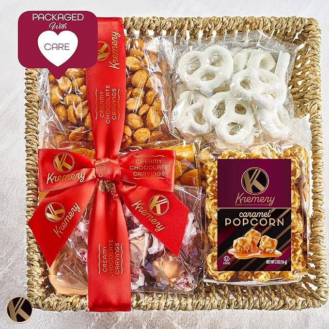 KREMERY Creamy Chocolate Cravings - Chocolate Covered Pretzels & Caramel Popcorn Gift Basket, in Seagrass Tray + Ribbon (Classic, 1.5 lbs) Food Arrangement, Food Assortments USA Made