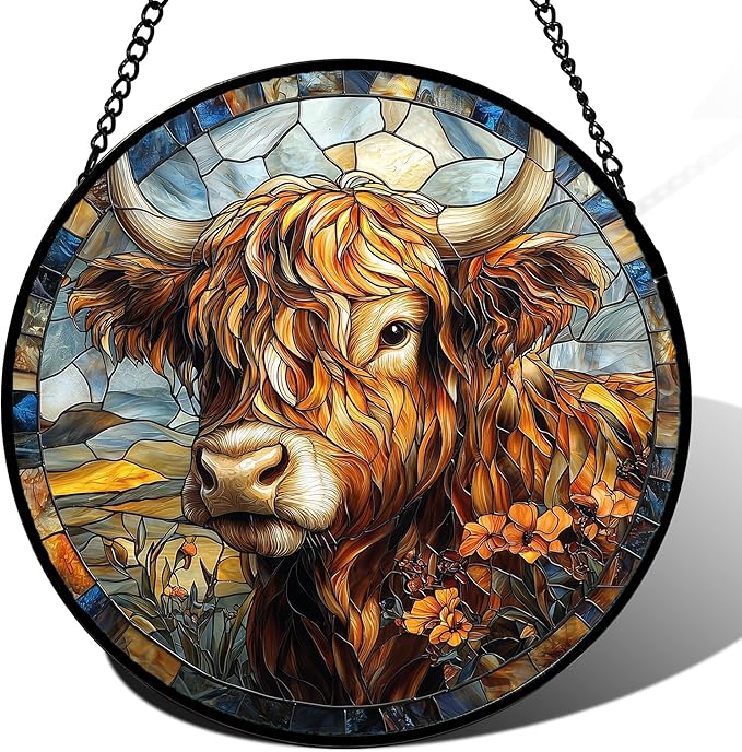 Stained Glass Window Hanging - Funny Cow Flower Suncatcher Ready to Hang Window Doors Home Decoration and Christmas, Mother's Day Birthday Gifts for Women, Men, and Mom 14.9x14.9 in