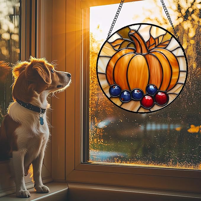 Stained Glass Window Hanging Fall Pumpkin Berries Large 15" - Suncatcher Door Garden Kitchen Sunroom Sun Catcher Autumn Home Decor Birthday for Mom Grandma Men Woman