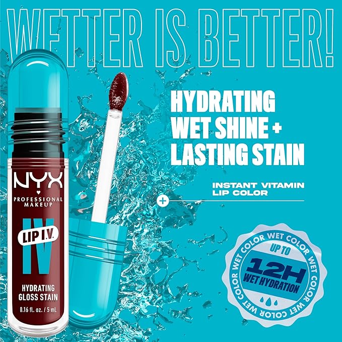 NYX PROFESSIONAL MAKEUP Lip IV Hydrating Glossy Lip Stain with 12HR Hydration - Water Bout Wine (Red)