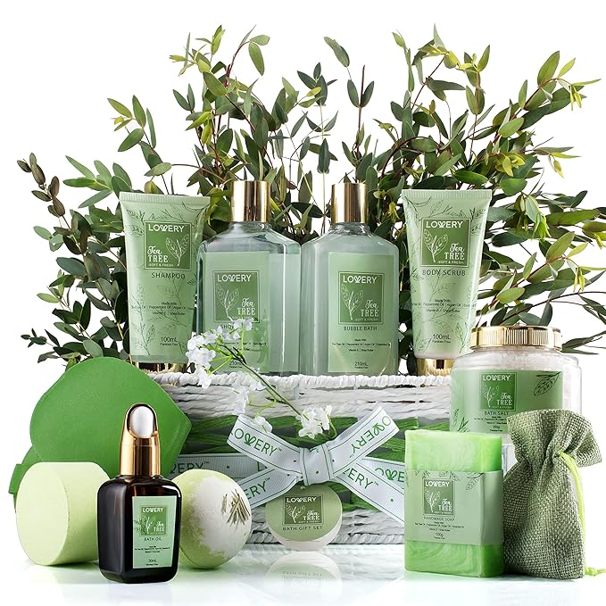 Tea Tree Bath Set - Luxury Home Spa Set with Calming Mint Fragrance – 15 pc Relaxation Gift Basket with Tea Tree Bath Oil,Shower Gel, Bubble Bath, Handmade Soap, Steamer Tablet, Potpourri & More
