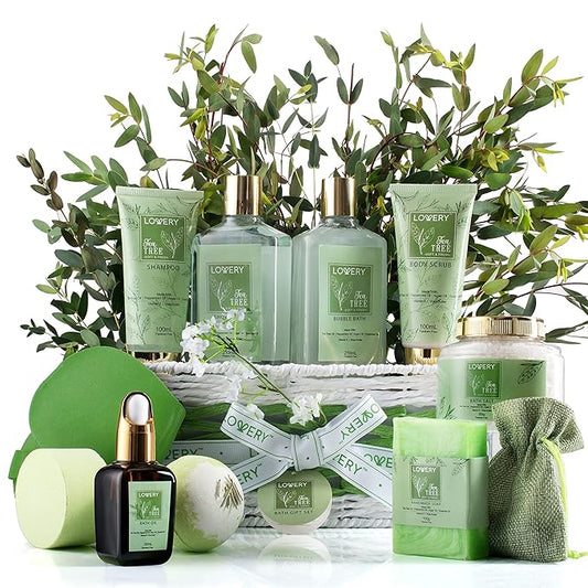 Tea Tree Bath Set - Luxury Home Spa Set with Calming Mint Fragrance – 15 pc Relaxation Gift Basket with Tea Tree Bath Oil,Shower Gel, Bubble Bath, Handmade Soap, Steamer Tablet, Potpourri & More