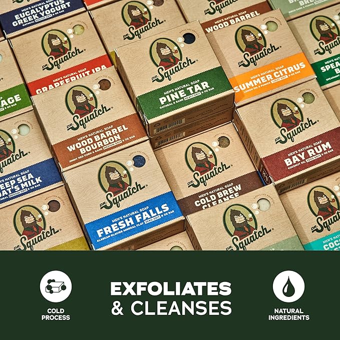 Dr. Squatch Natural Bar Soap for Men - Cold Process Soap with No Harsh Chemicals - Coconut Castaway, Rainforest Rapids, Sierra Storm, Fresh Falls, Coastal Mist (5 oz, 5-Pack)