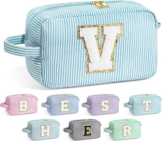 YOOLIFE Travel Makeup Cosmetic Bag - Personalized Monogram Cute Blue Initial Makeup Bags Cosmetic Toiletry Bag Pouch Make Up Case for Women Her Mom Friend Sister Teacher, Birthday Gifts for Women V