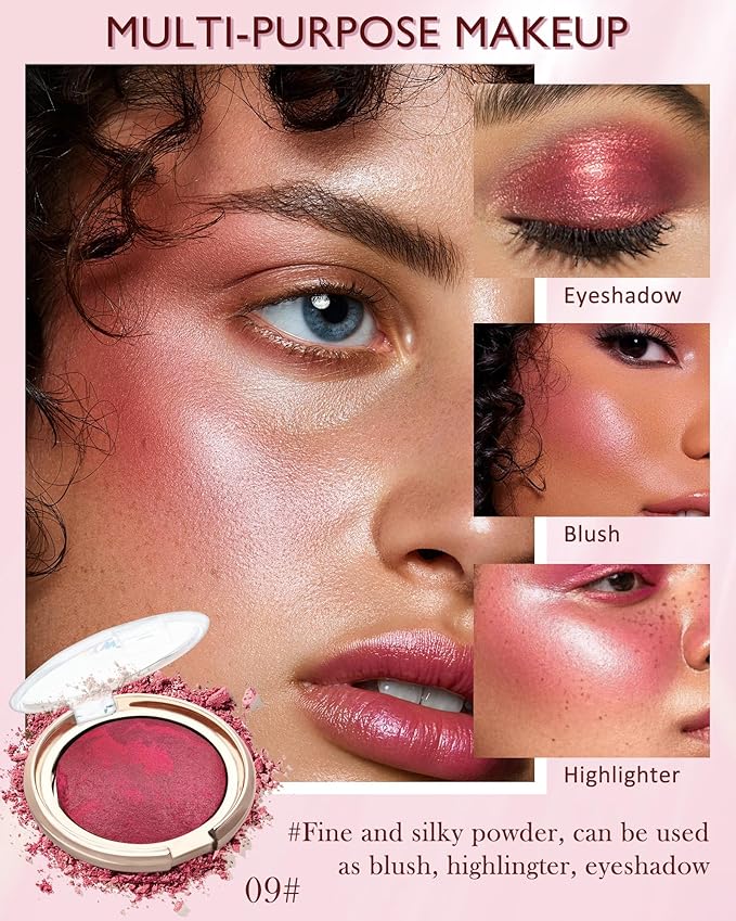 Baked Blush,Glow Marbleized Blush Powder Palette,Lightweight Shimmery Cruelty-Free Blusher for Cheeks,Eyeshadow & Highlight,Makeup Gift for Women rubores de maquillaje(0.49Ounce)-09 Mangosteen
