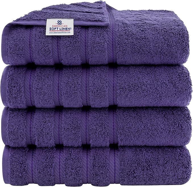 American Soft Linen Luxury 4 Piece Bath Towel Set, 600 GSM 100% Cotton Turkish Bath Towels for Bathroom, 27x54 in Extra Large Bathroom Shower Towels, Purple
