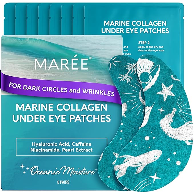 MAREE Hydrating Under Eye Patches for Puffy Eyes and Dark Circles – Marine Collagen & Caffeine Eye Patches – Brightening Eye Patche with Niacinamide – Depuffing Eye Mask for Dark Circles and Puffiness