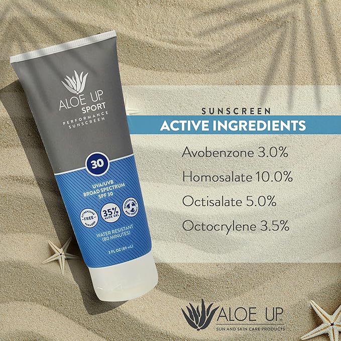 Aloe Up Sport Sunscreen Lotion SPF 30 - Broad Spectrum UVA/UVB Sunscreen Protector for Face and Body - With Hydrating Aloe Vera Gel - Non-Greasy - No White Cast - Reef Safe - Fragrance-Free - 3 Oz.