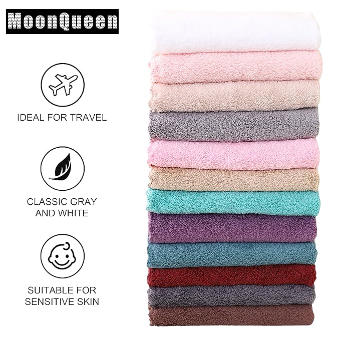 MOONQUEEN Microfiber Facial Cloths Fast Drying Washcloth 12 Pack - Premium Soft Makeup Remover Cloths - Multicolored