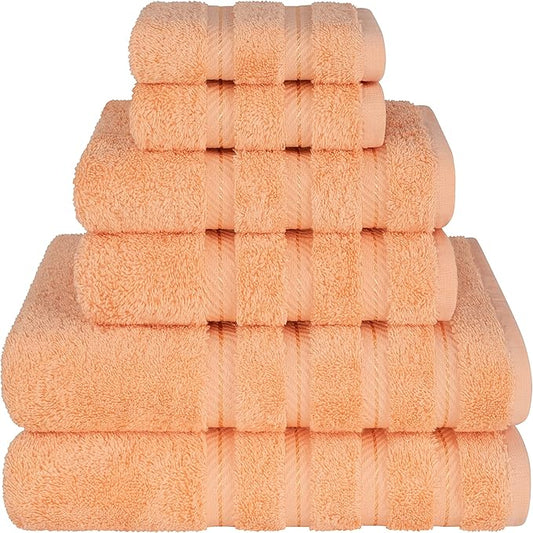 American Soft Linen Luxury 6 Piece Towel Set, 2 Bath Towels 2 Hand Towel 2 Washcloths, 600 GSM 100% Cotton Turkish Towels for Bathroom, Malibu Peach Towel Sets