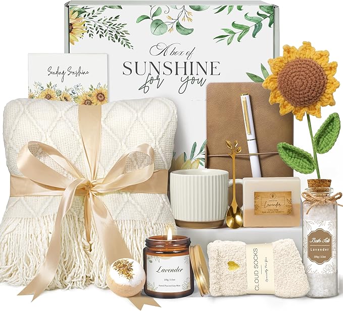 Gifts for Women, Best Friend Birthday Gifts, Get Well Soon Self Care Package Box, Sending Sunshine Sunflower Basket, Thinking of You Inspirational Gifts for Mom Her Sister Wife
