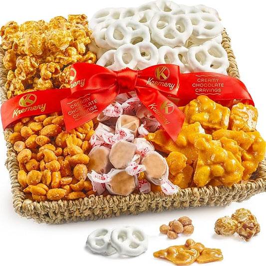 KREMERY Creamy Chocolate Cravings - Chocolate Covered Pretzels & Caramel Popcorn Gift Basket, in Seagrass Tray + Ribbon (Classic, 1.5 lbs) Food Arrangement, Food Assortments USA Made