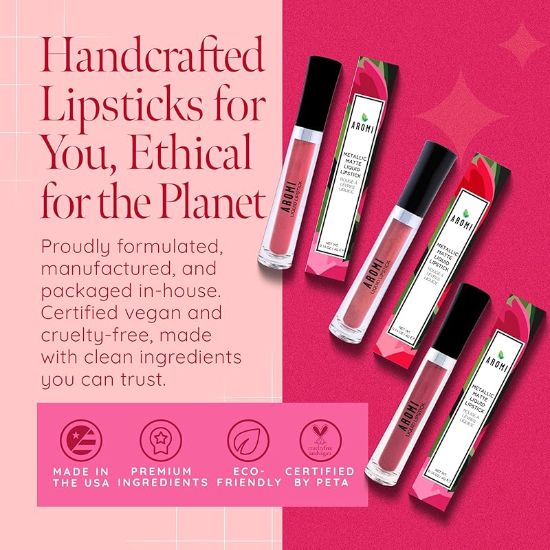 Aromi Dusty Rose Metallic Liquid Lipstick, Rosy Pink Nude Lip Color, Shimmery Finish, Waterproof, Long Lasting, Vegan, Cruelty-Free, Handmade (Pixie Dust)