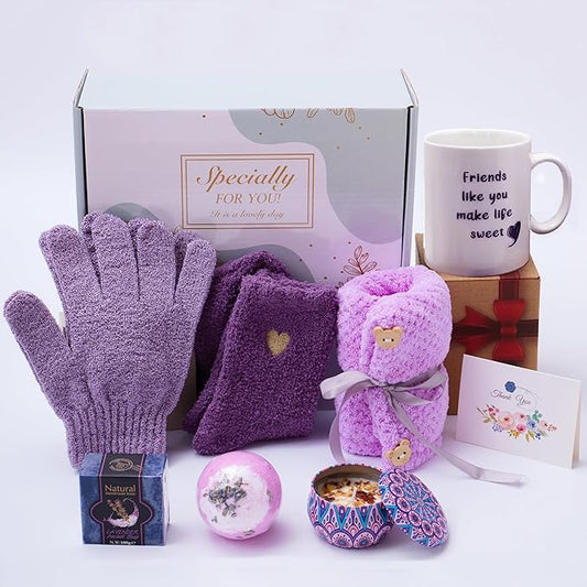 Spa Gift Baskets for Women,Bestfriend Birthday Gifts Women Friendship,Purple Surprise Box for Women Includes Ceramic Mug,Scented Candle,Bath Salt,Soap,Exfoliating Gloves,Hair Towel,Card