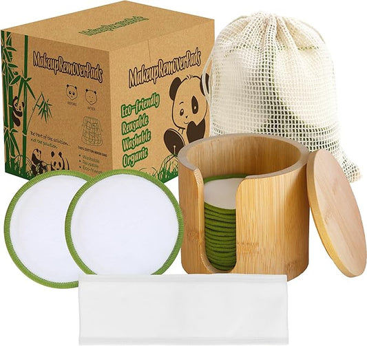Reusable Cotton Rounds 20Pcs - 100% Natural Bamboo Cotton Pads for Face, Makeup Remover with Laundry Bag and Bamboo Holder (Green)