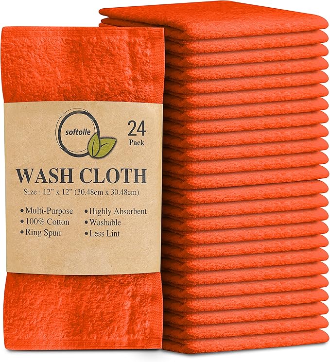 Softolle 100% Cotton Washcloths 24 Pack (12x12 Inches) Soft, Highly Absorbent Washcloth, Face Towels, Wash Cloths for Face, Ring Spun, Bulk Pack (Orange, 24 Pack)