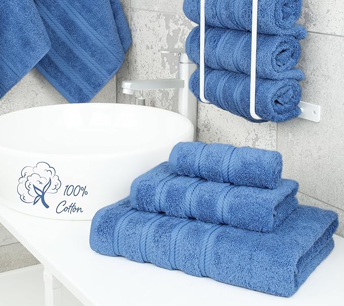 American Soft Linen Premium 3 Piece Towel Set, 1 Bath Towel 1 Hand Towel 1 Washcloth, 600 GSM 100% Cotton Turkish Towels for Bathroom, Electric Blue Towel Set