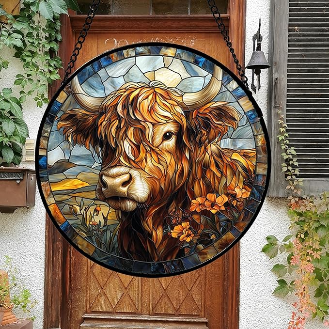 Stained Glass Window Hanging - Funny Cow Flower Suncatcher Ready to Hang Window Doors Home Decoration and Christmas, Mother's Day Birthday Gifts for Women, Men, and Mom 14.9x14.9 in