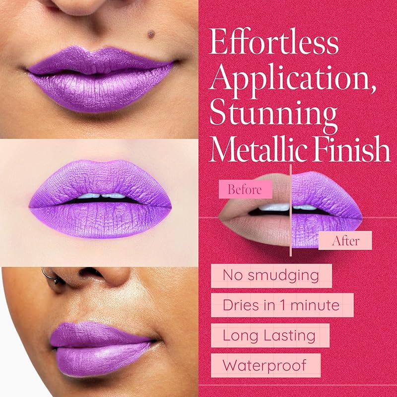 Aromi Metallic Liquid Lipstick | Long-Lasting, Waterproof, Smear and Smudge Proof, Bright Lilac Lip Color with Shimmery Finish (Purple Unicorn)
