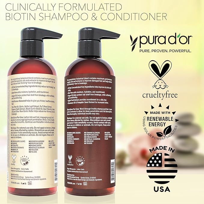 PURA D'OR Clinically Formulated Biotin Shampoo & Conditioner For Hair Thinning - 2X Concentrated Proprietary Herbal Blend Thickening Products For Women & Men, Sulfate Free, 16oz x2