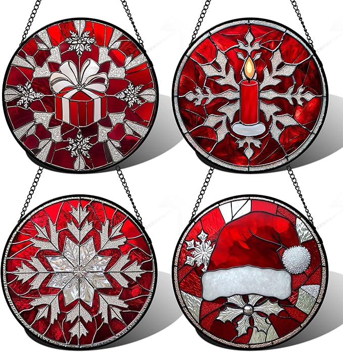 Stained Glass Window Hanging 4 Pcs Set Red Christmas Decorations Theme 6.3" - Suncatcher Door Garden Sun Catcher Decor Birthday for Mom Woman Nana Men Friend Wife