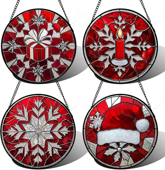 Stained Glass Window Hanging 4 Pcs Set Red Christmas Decorations Theme 6.3" - Suncatcher Door Garden Sun Catcher Decor Birthday for Mom Woman Nana Men Friend Wife