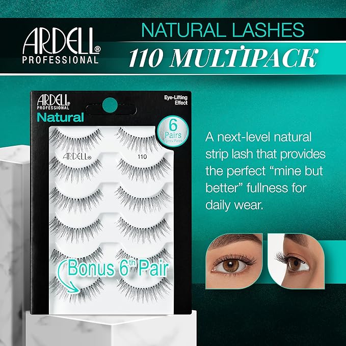 Ardell False Eyelashes, Natural Lashes 110 - Lightweight Reusable Strip Lashes, Eye-Lifting Effect, 5 Pairs + Bonus Pair