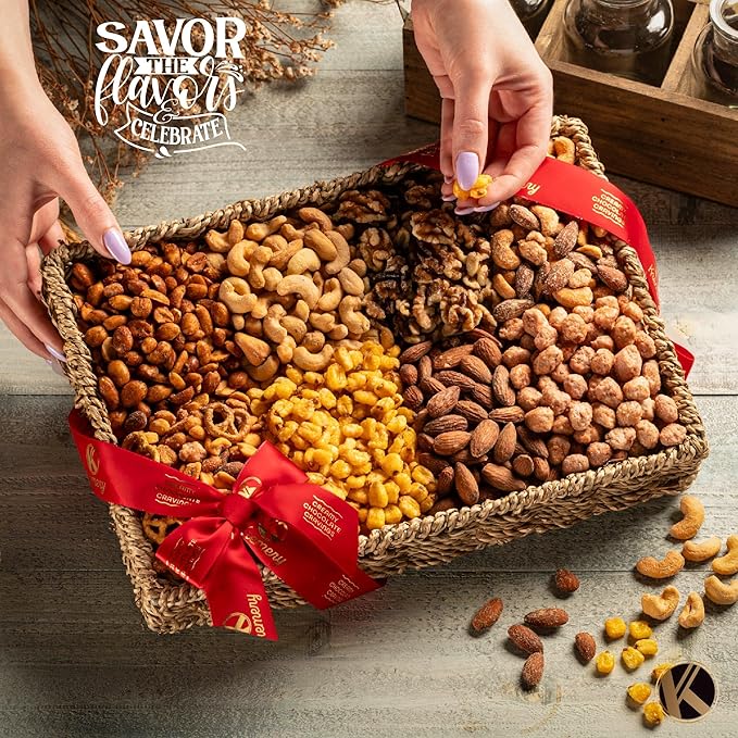 KREMERY Gourmet Nut Gift Basket - Mixed Nuts Gift Basket in Seagrass Tray with Ribbon (8 Assortments) Healthy Snack Care Package, Food Assortments