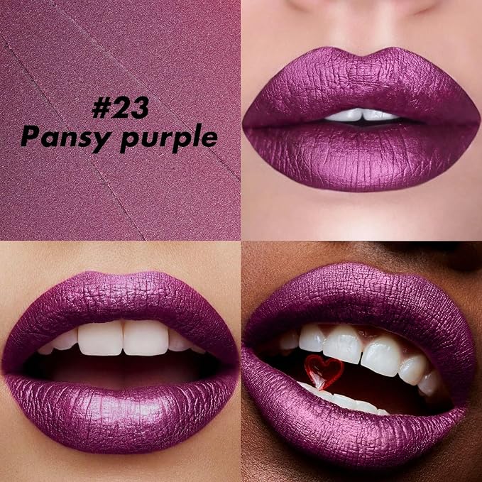FOCALLURE Ultra Chic Metallic Lipstick,Rich Vitamin E Lip Crayon,Lightweight Shinning Color without Drying or Fading,Long Lasting Lips Makeup,#23 Pansy Purple