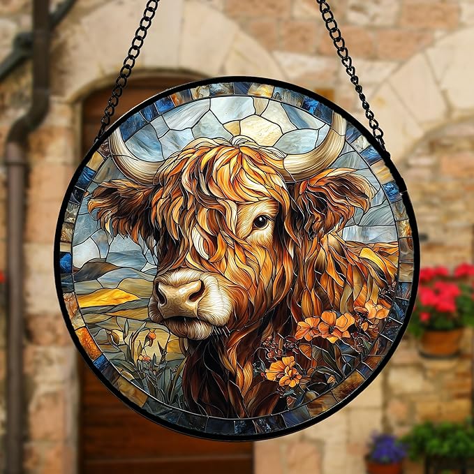 Stained Glass Window Hanging - Funny Cow Flower Suncatcher Ready to Hang Window Doors Home Decoration and Christmas, Mother's Day Birthday Gifts for Women, Men, and Mom 7.8x7.8 in